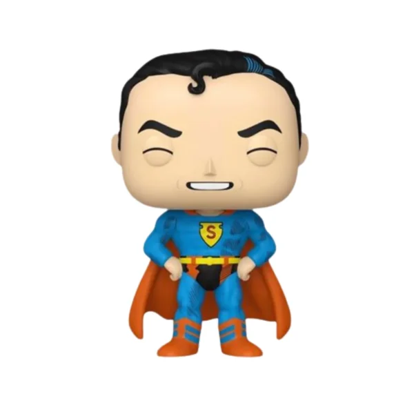 Este es el Funko Golden Age Superman y lo vemos con su traje habitual de color azul y los brazos en la cintura.