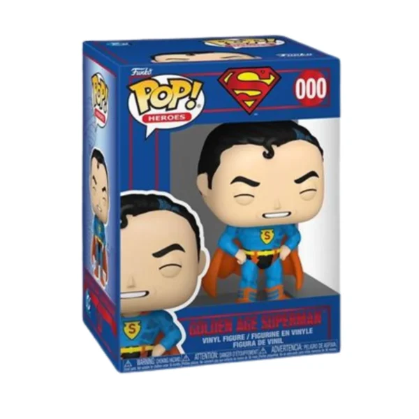 Este es el Funko Golden Age Superman 000 y lo vemos con su traje habitual de color azul y los brazos en la cintura.
