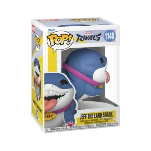 Este es el Funko Jeff 1140 de Jeff The Land Shark de Marvel Rivals y observamos que sus colores son blanco y azul. Además tiene la lengua por fuera.