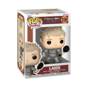 Este es el Funko de Laios 2199, pertenece a la serie animada de Delicious in Dungeon. En ela pieza observamos que es sus manos posee una sartén y una espada.