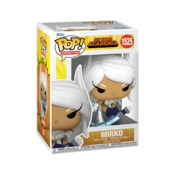 En este Funko de Mirko 1525 de la serie My Hero Academia, podemos observar que se dispone en una posición de ataque y con su pelo de color blanco.