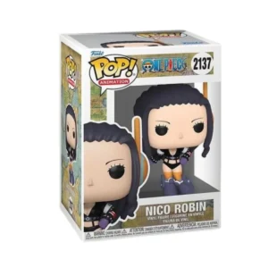 Este es el Funko de Nico Robin de la serie One Piece, vemos que tiene el pelo largo y va vestida con un bikini.
