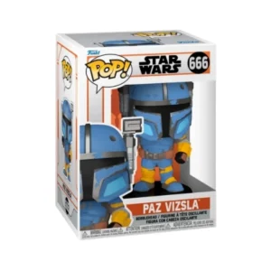Este Funko es de Paz Vizsla 666, podemos observar que predomina el color azul en su vestimenta.