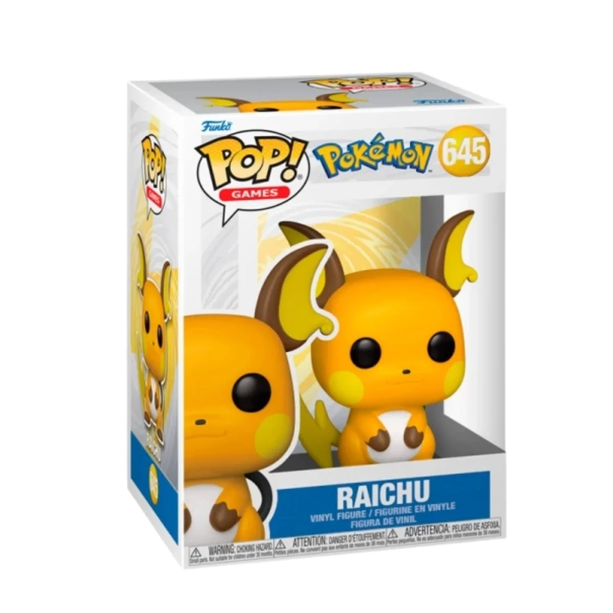 Este es el Funko de Raichu 645 Pokemon, observamos que el color que predomina en su cuerpo es el naranja con pequeños detalles rojos y blancos.