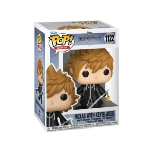 Este es el Funko Roxas With Keyblades 1122 de Kingdom Hearts y lo vemos con 2 llaves grandes en sus manos.