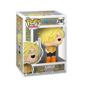 Este es el Funko de Sanji de la serie de One Piece y vemos que tiene el pelo rubio. El aparece con las manos en los bolsillos.