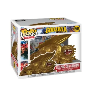 Este es el Funko Sleeping King Ghidorah 1953 de Godzilla y se encuentra dormido en el suelo y el color de su cuerpo es el dorado.