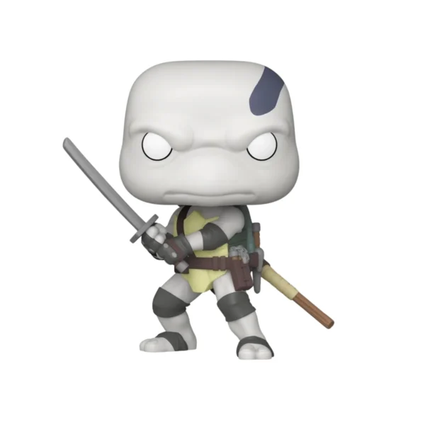 Este es un Funko de las Tortugas Ninja onservamos que tiene una espada entre sus manos y los ojos blanco.
