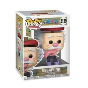 Este es el Funko de Vegapunk de la serie de One Piece y vemos que tiene el pelo blanco y la lengua por fuera.