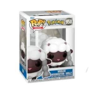 Este es el Funko de Wooloo 958 Pokémon y podemos ver que es una oveja de color blanco y negro.