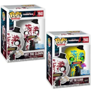 En esta imagen podemos ver el Funko Art The Clown 1948 Bundle Terrifer 3. Se captura 2 figuras, ambas tienen la misma expresión pero se diferencian por sus colores.