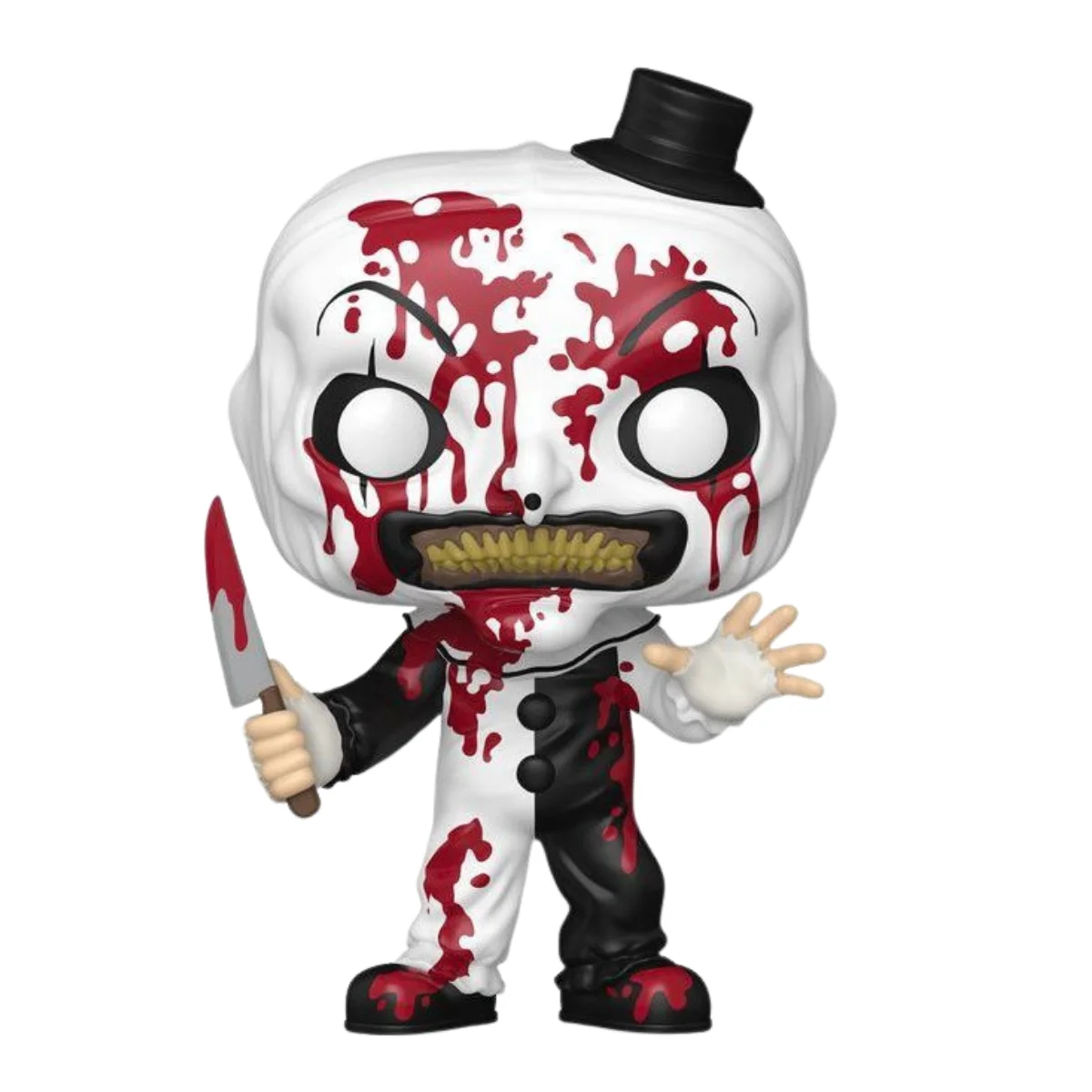 En esta imagen podemos ver el Funko Art The Clown 1948 SE de Terrifier 3. En esta pieza destaca el sombrero que lleva el personaje, además del cuchillo ensangrentado que tiene en la mano.