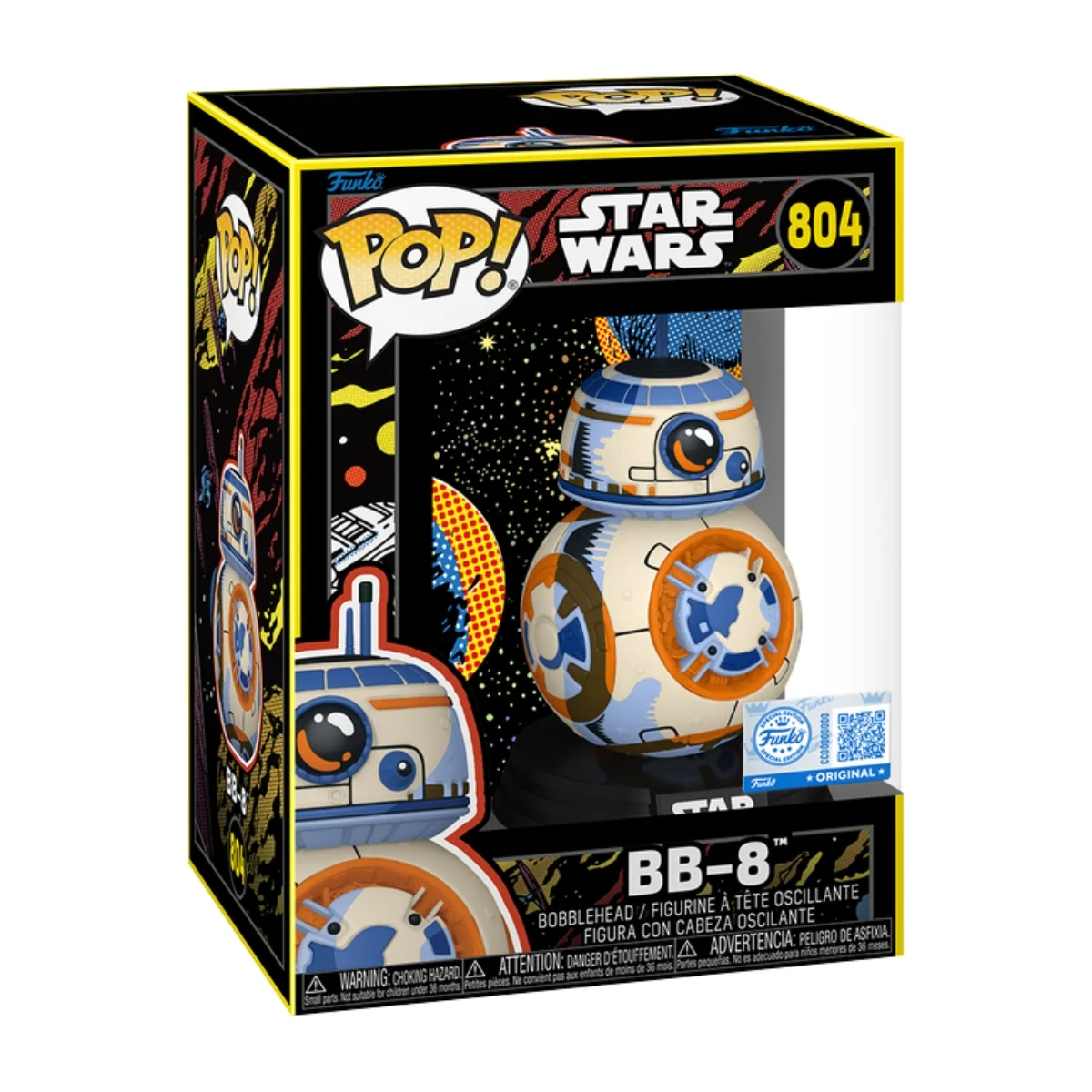 El Funko BB-8 804 SE de Star Wars destaca por sus paneles naranjas y blancos, las marcas circulares en su cuerpo y la esfera superior móvil