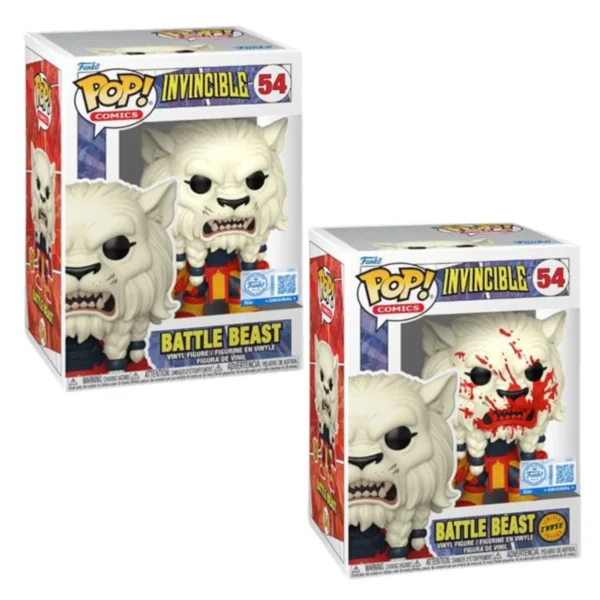 En esta imagen podemos ver el Funko Battle Beast 54 Bundle de Invincible. Podemos encontrar las 2 figuras, destaca la versión chase con la cara ensangrentada.