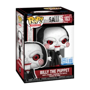 El Funko Billy the Puppet 1823 SE Saw destaca por su traje negro, pajarita roja y rostro blanco con mejillas rojas