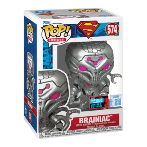 El Funko Brainiac 574 NYCC 2025 DC Comics destaca por su traje futurista brilla con tonos plateados y lilas, mientras que su expresión calculadora refleja perfectamente su personalidad fría y metódica