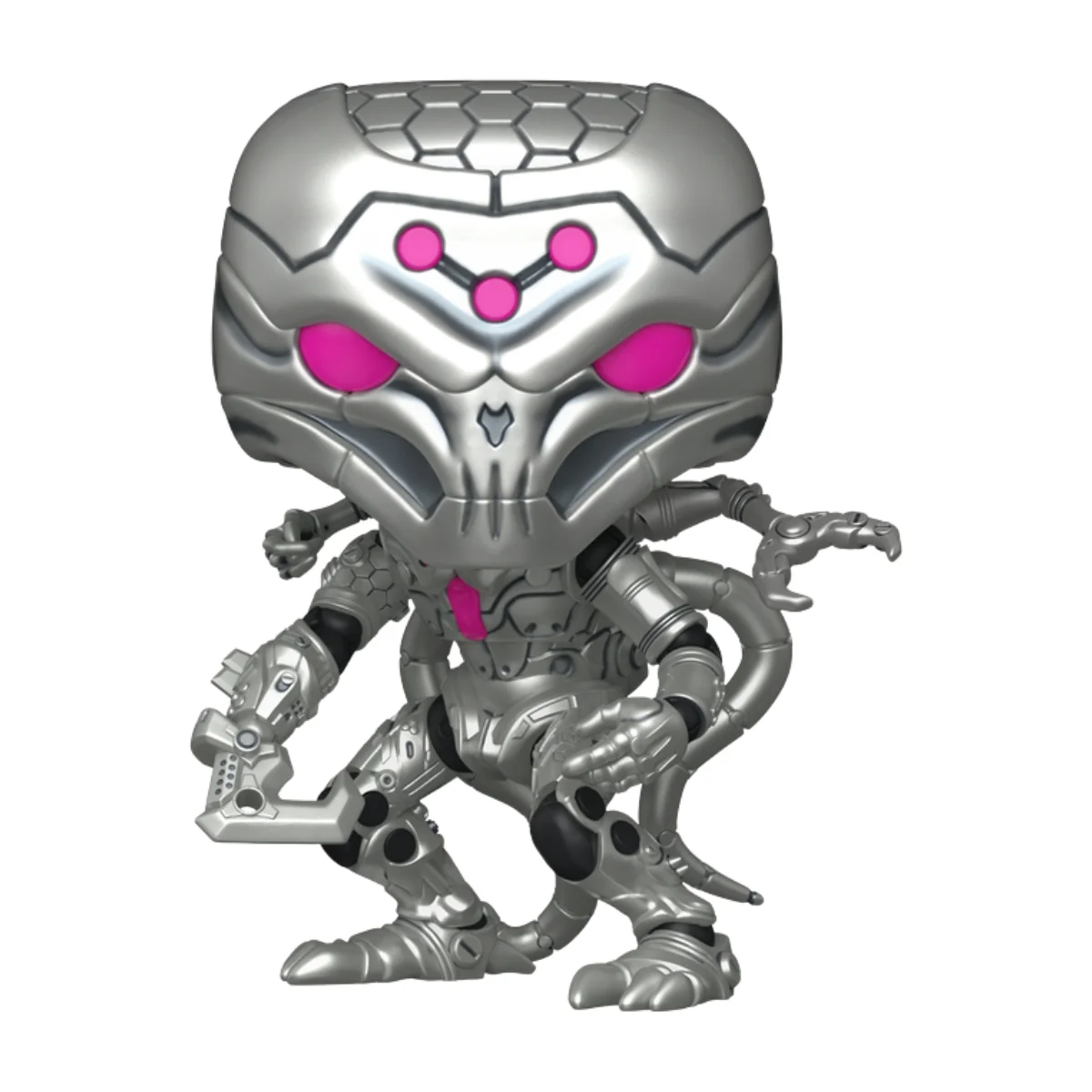 En esta imagen podemos ver el Funko Brainiac 574 NYCC 2025 DC Comics, en la figura destaca su color metálico y pequeños detalles en color rosa.