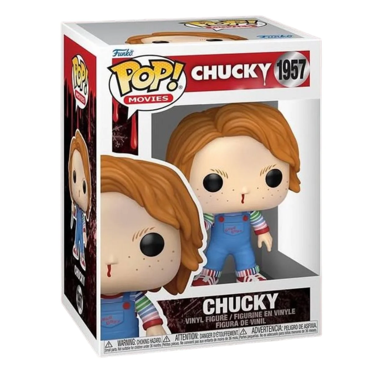 En esta imagen podemos ver el Funko Chucky 1957. En esta figura podemos destacar el cuchillo que tiene el personaje en la mano y la sangre que le sale por la nariz.