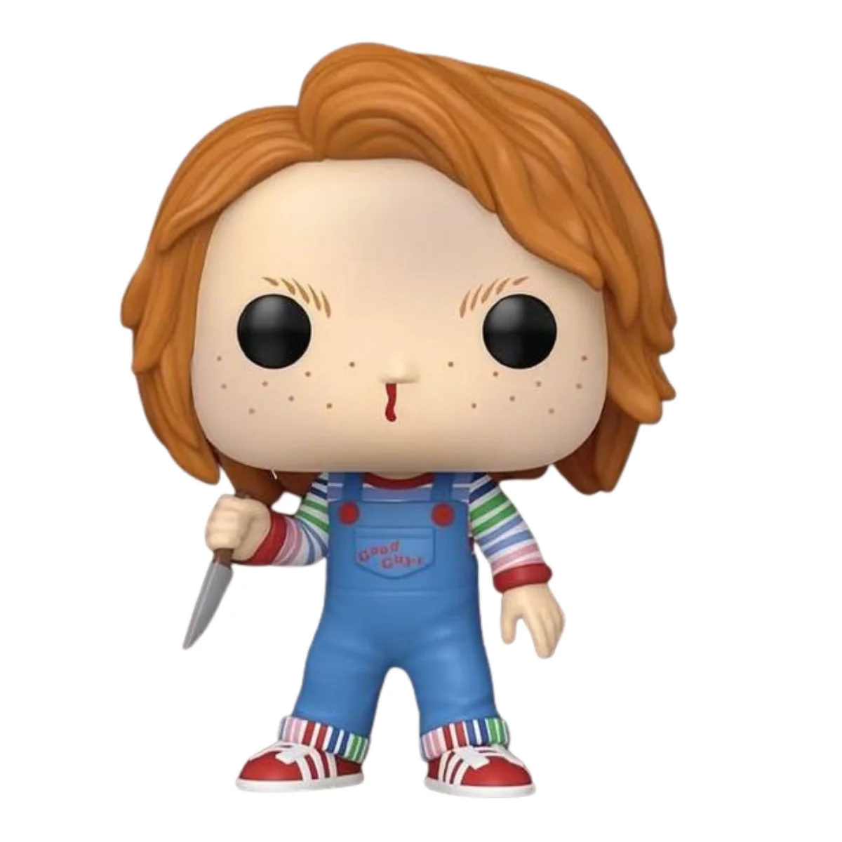 En esta imagen podemos ver el Funko Chucky 1957. En esta figura podemos destacar el cuchillo que tiene el personaje en la mano y la sangre que le sale por la nariz.
