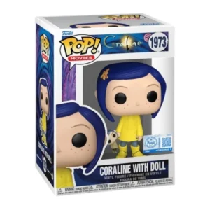 En esta imagen podemos ver el Funko Coraline with Doll 1973 SE. En la pieza destaca el color amarillo en la vestimenta de Coraline.