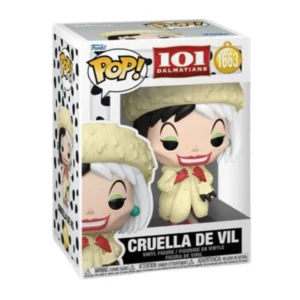 En esta imagen podemos ver el Funko Cruella De Vil 1663 de 101 Dálmatas. En esta figura destaca el color blanco y negro de su pelo.