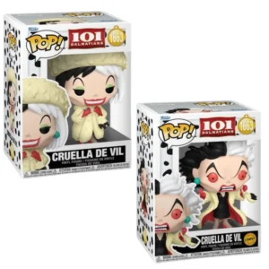 En esta imagen podemos ver el Funko Cruella De Vil 1663 Bundle. Son 2 figuras del mismo personaje pero incluye una edición exclusiva, que tiene una apariencia diferente, estas piezas pertenecen a 101 Dálmatas.