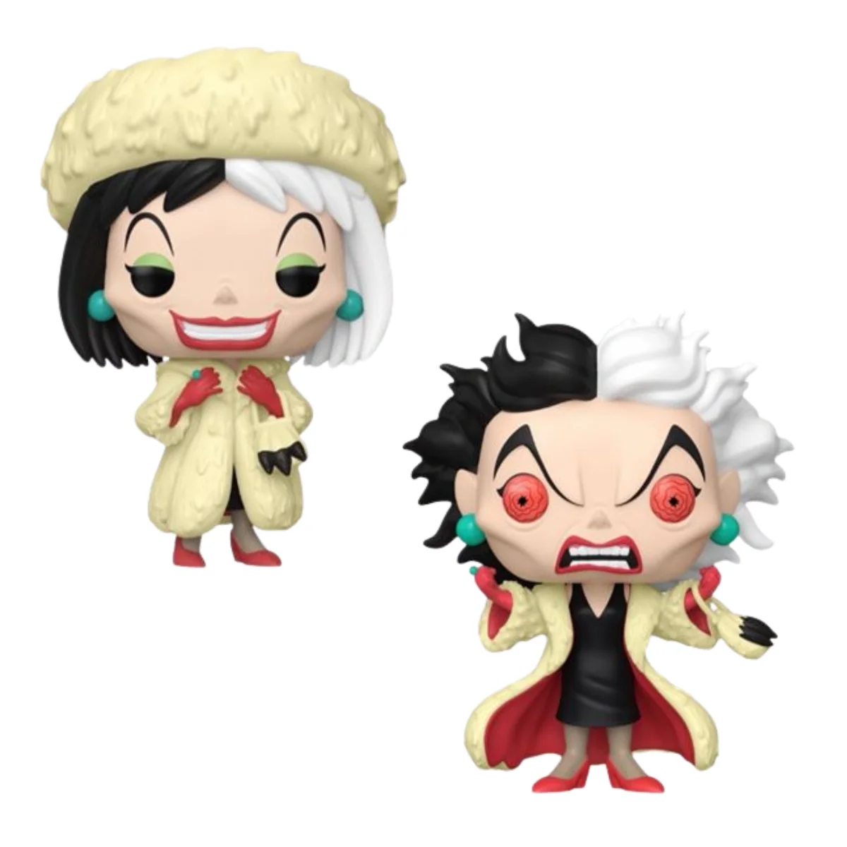 En esta imagen podemos ver el Funko Cruella De Vil 1663 Bundle. Son 2 figuras del mismo personaje pero incluye una edición exclusiva, que tiene una apariencia diferente, estas piezas pertenecen a 101 Dálmatas.
