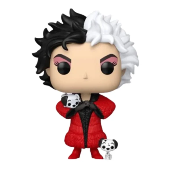 En esta imagen podemos ver el Funko Cruella de Vil 1662 de 101 Dálmatas. En esta figura destaca su abrigo rojo y los 2 dálmatas que tiene en sus brazos y en el suelo.