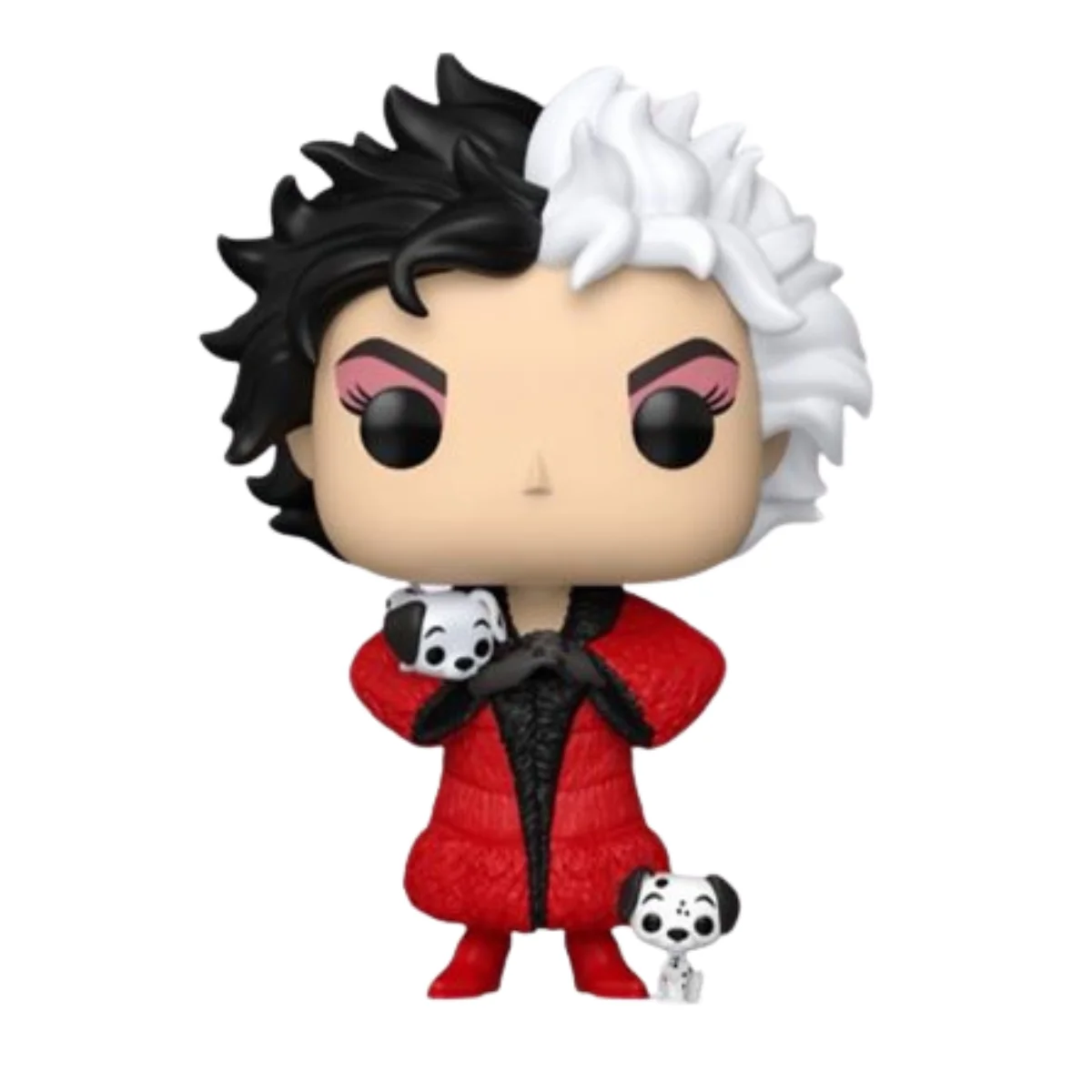 En esta imagen podemos ver el Funko Cruella de Vil 1662 de 101 Dálmatas. En esta figura destaca su abrigo rojo y los 2 dálmatas que tiene en sus brazos y en el suelo.