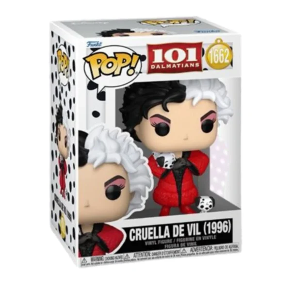 En esta imagen podemos ver el Funko Cruella De Vil 1662 de 101 Dálmatas. En esta figura destaca su abrigo rojo y los 2 dálmatas que tiene en sus brazos y en el suelo.