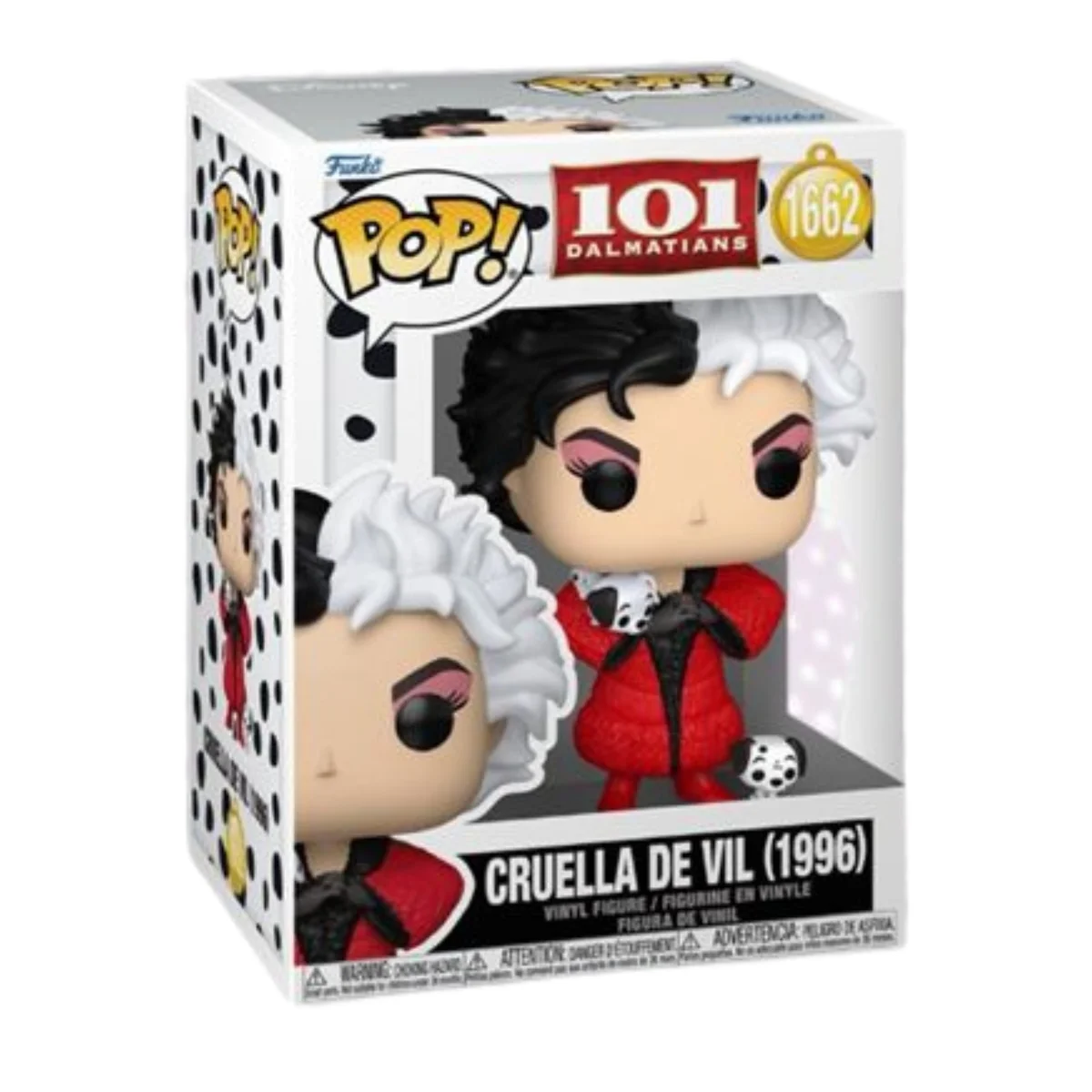 En esta imagen podemos ver el Funko Cruella De Vil 1662 de 101 Dálmatas. En esta figura destaca su abrigo rojo y los 2 dálmatas que tiene en sus brazos y en el suelo.