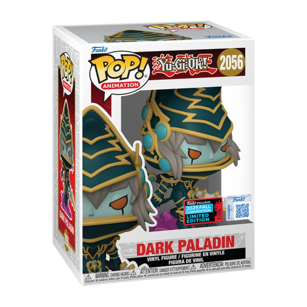 El Funko Dark Paladin 2056 NYCC 2025 de Yu-Gi-Oh! destaca por su armadura que combina tonos metálicos verdes y dorados que resaltan su poder mágico, mientras que su bastón energético irradia fuerza y precisión