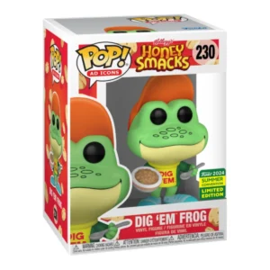El Funko Dig Em Frog 230 destaca por su gorra amarilla y su chaqueta verde brillante