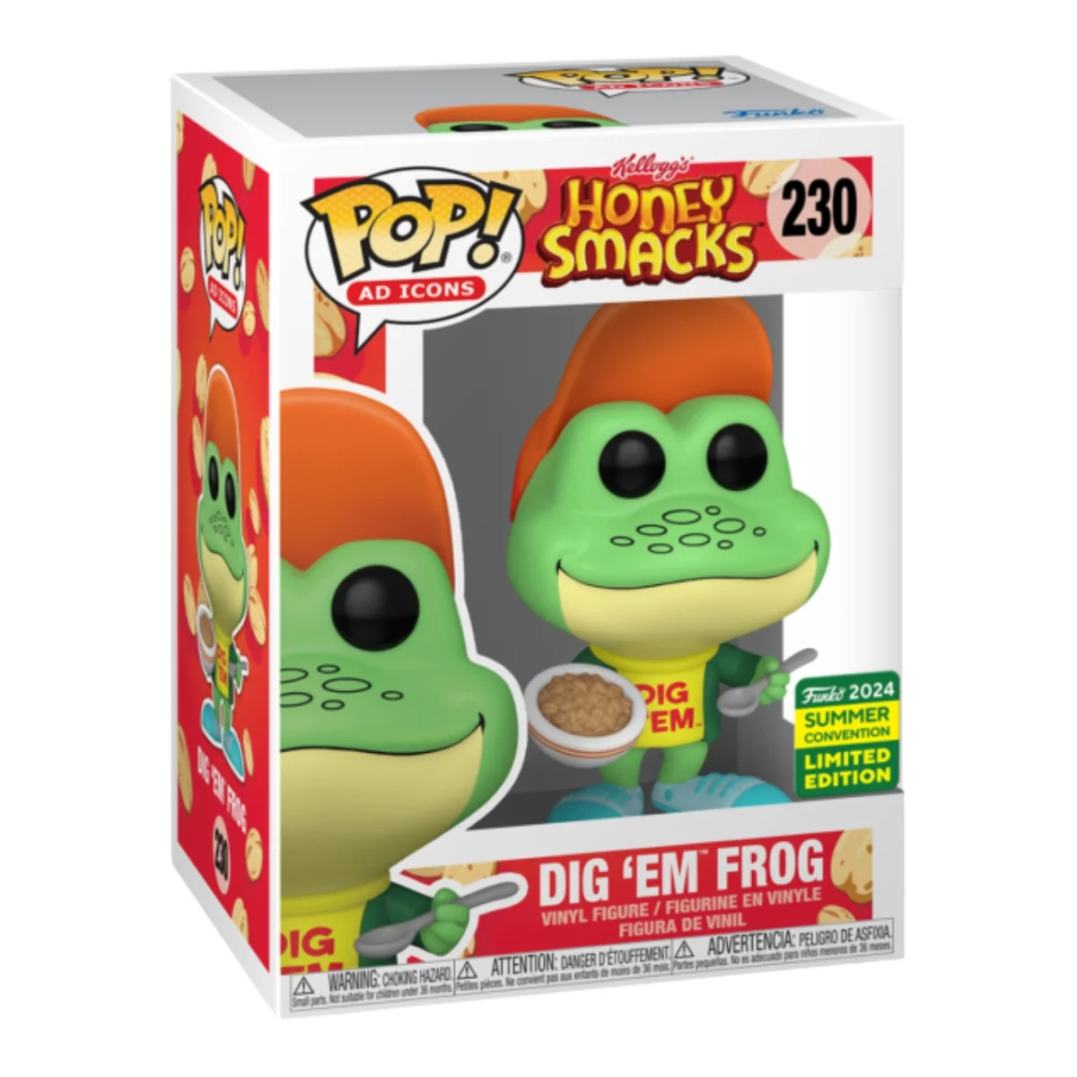 El Funko Dig Em Frog 230 destaca por su gorra amarilla y su chaqueta verde brillante