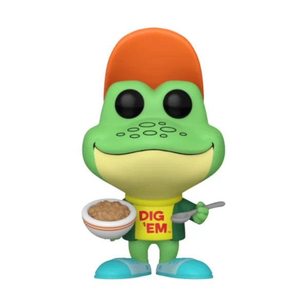 En la imagen podemos ver el Funko Dig Em Frog 230, en esta figura destaca el color verde del sapo y la gorra que lleva de color naranja.