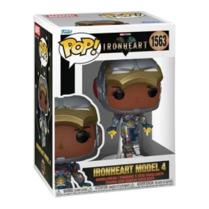 En esta imagen podemos ver el Funko Ironheart Model 4 1563 de Marvel. En esta pieza destaca como la figura esta suspendida en el aire.