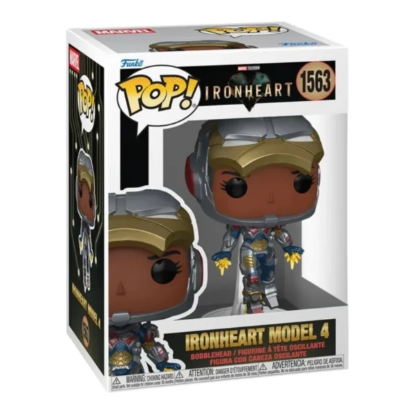 En esta imagen podemos ver el Funko Ironheart Model 4 1563 de Marvel. En esta pieza destaca como la figura esta suspendida en el aire.