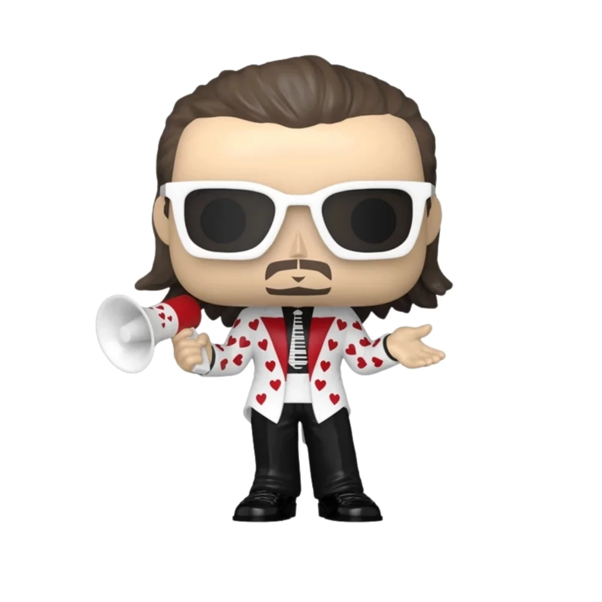 En esta imagen podemos ver el Funko Jimmy Hart 191, en esta figura destaca la chaqueta con corazones que lleva el personaje.