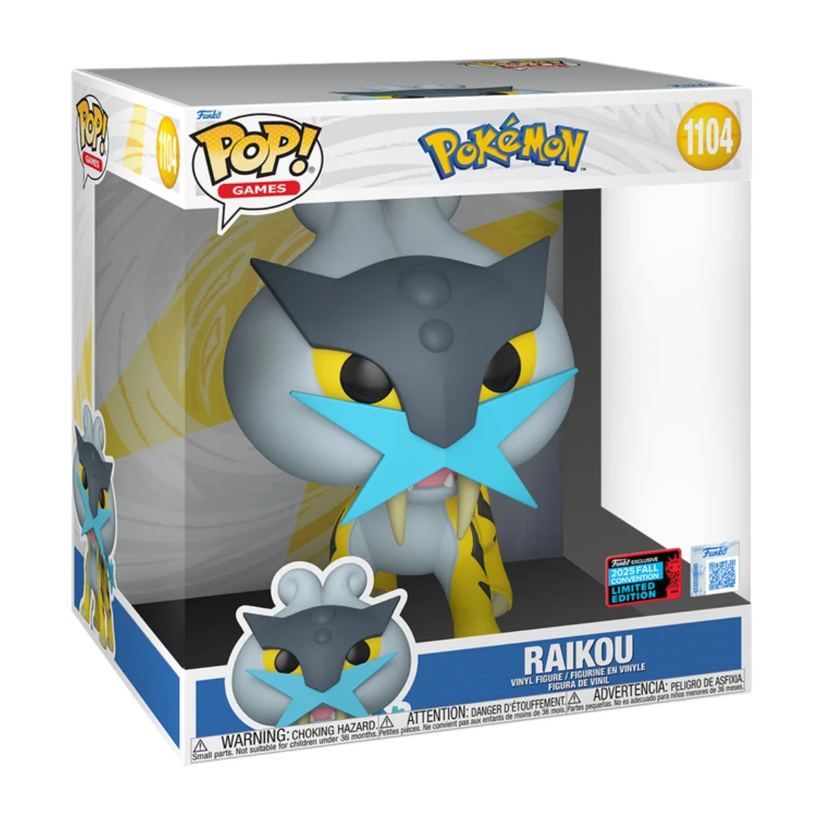 En esta imagen podemos ver el Funko Jumbo Raikou 1104 NYCC 2025, en la pieza de este Pokémon destaca la combinación de colores azules y amarillos.
