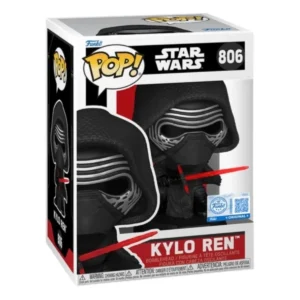 En esta imagen podemos ver el funko Kylo Ren 806 SE de Star Wars. Destaca su vestimenta de color negro y su espada de color roja.