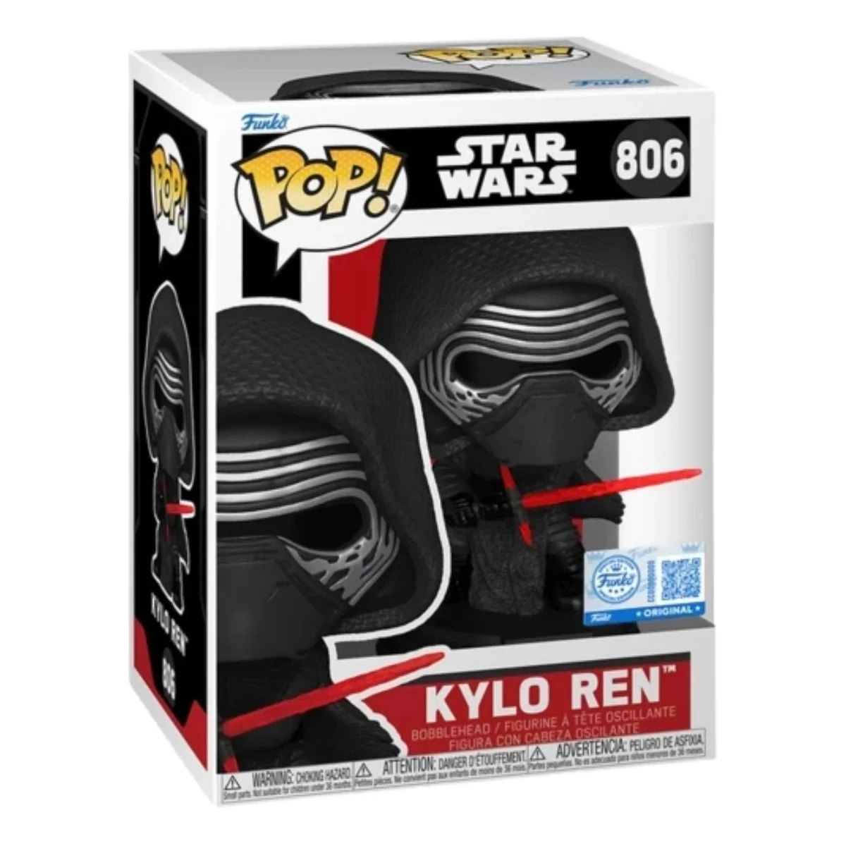 En esta imagen podemos ver el funko Kylo Ren 806 SE de Star Wars. Destaca su vestimenta de color negro y su espada de color roja.