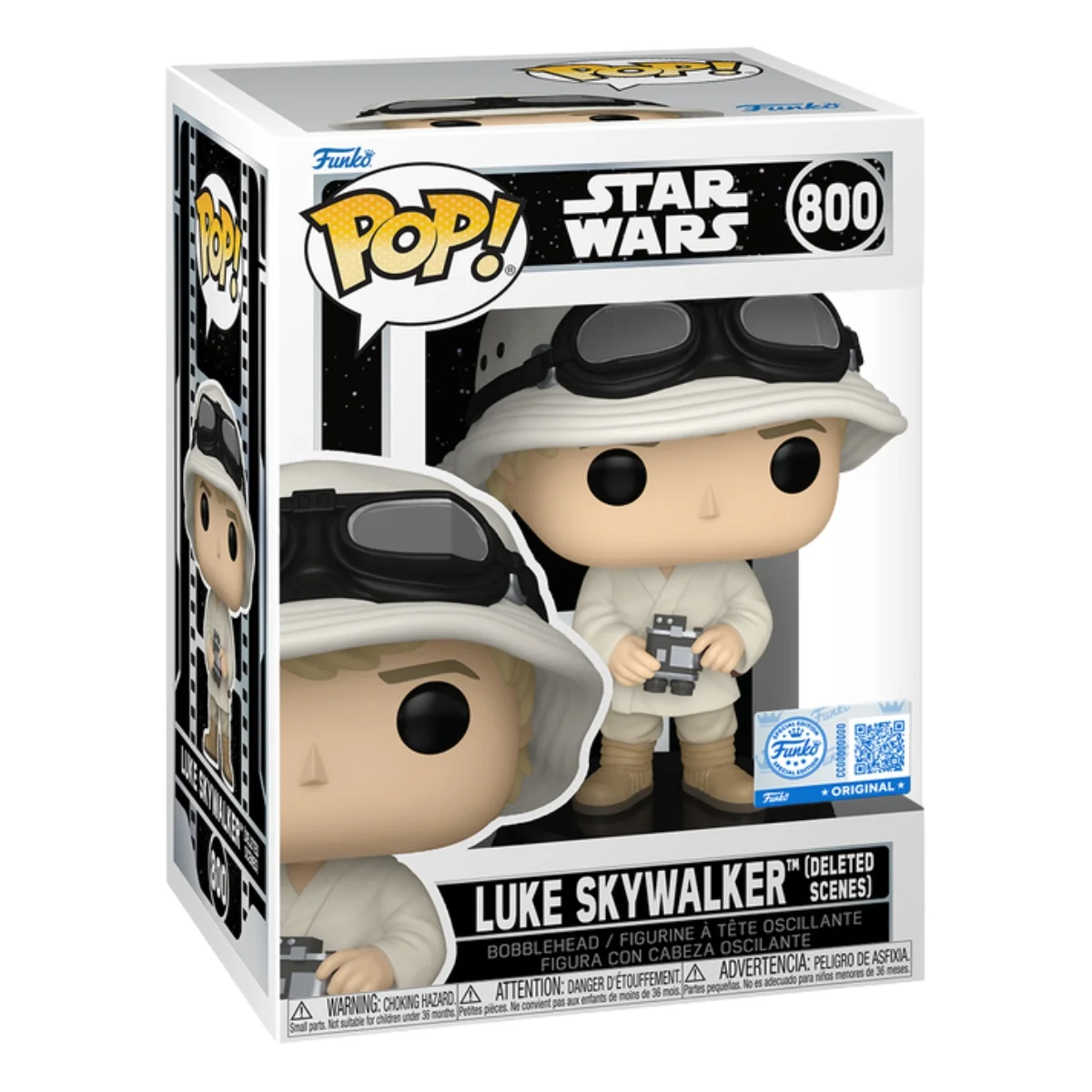 El Funko Luke Skywalker 800 SE de Star Wars destaca los prismáticos que lleva en las manos, los pliegues de la ropa, el sobrero, las gafas color negro