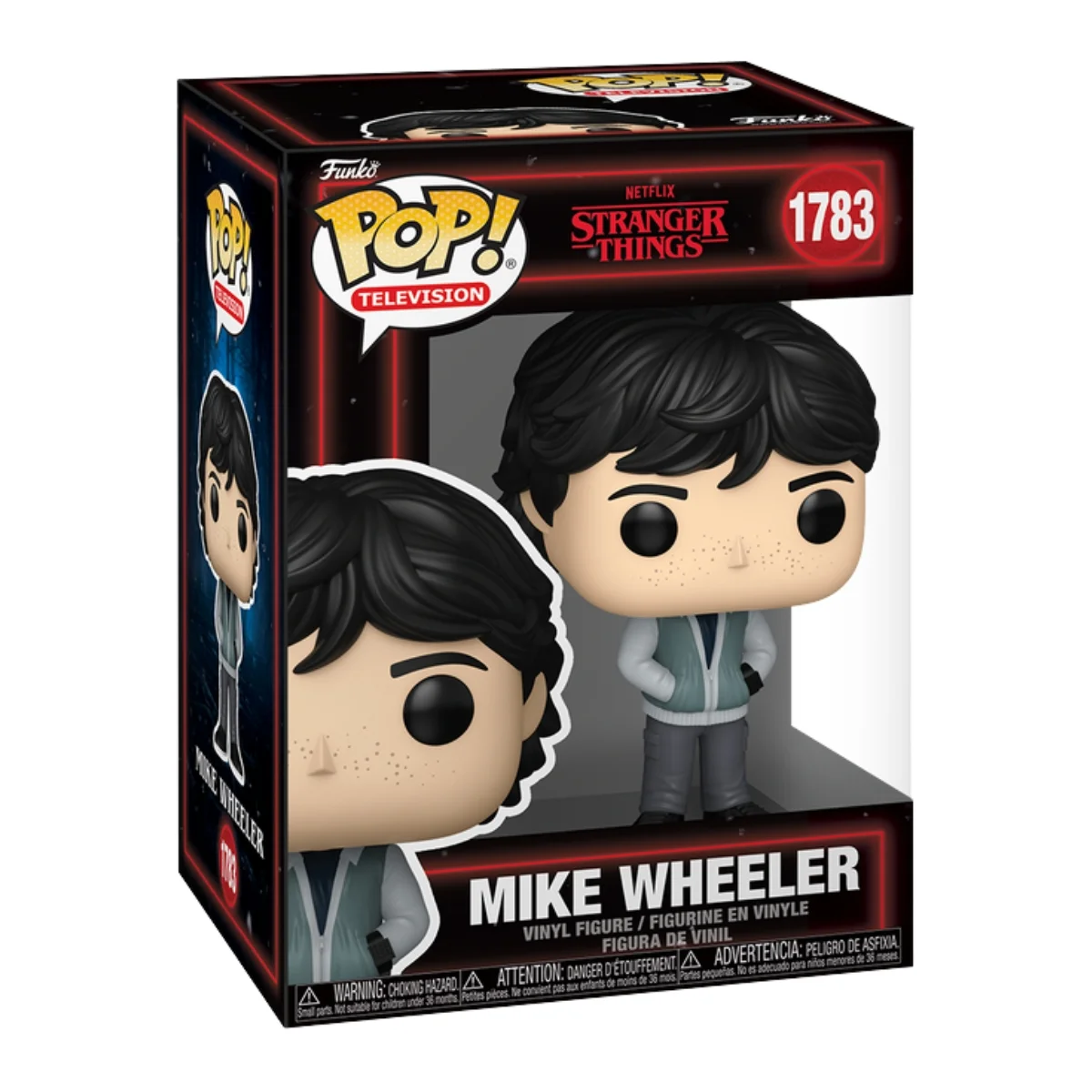 En esta imagen podemos ver el Funko Mike Wheeler 1783 de Stranger Things, en esta figura observamos que el personaje tiene las manos en el bolsillo.