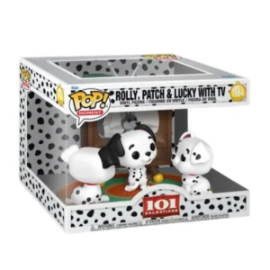 En esta imagen podemos ver el Funko Moment Rolly Patch & Lucky with TV 1664 101 Dálmatas. En esta figura destaca los perros viendo la televisión.