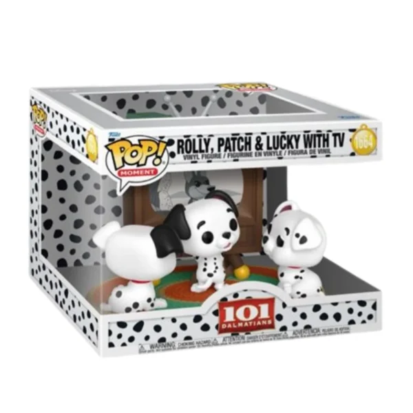 En esta imagen podemos ver el Funko Moment Rolly Patch & Lucky with TV 1664 101 Dálmatas. En esta figura destaca los perros viendo la televisión.