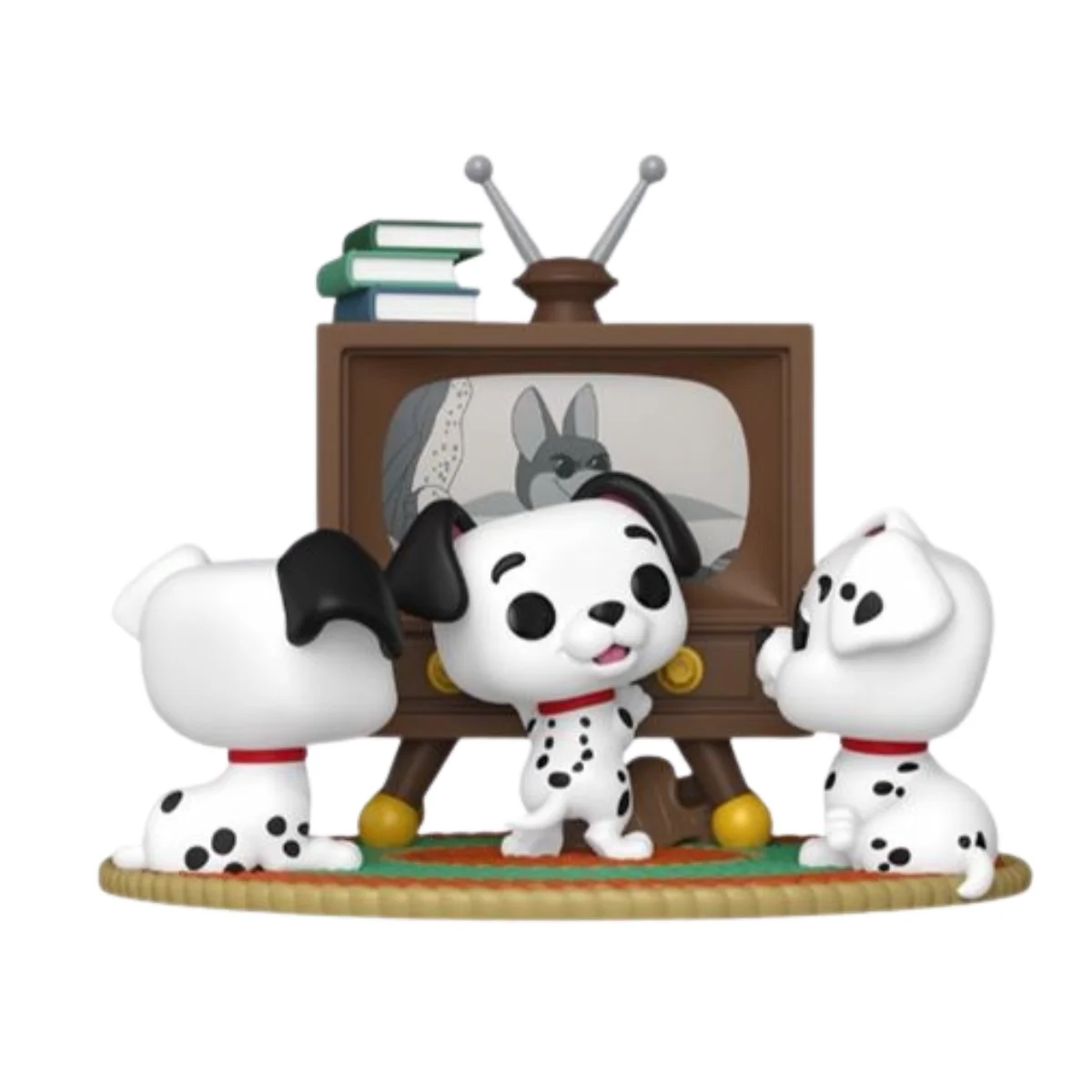 En esta imagen podemos ver el Funko Moment Rolly Patch & Lucky with TV 1664 101 Dálmatas. En esta figura destaca los perros viendo la televisión.