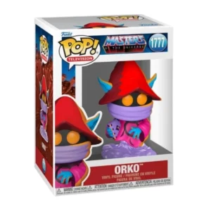 Funko Orko 1777 de masters of the universe destaca por su gorro rojo y por estar flotando sobre el suelo.
