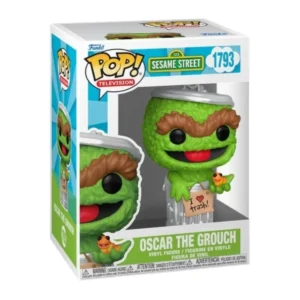 En esta imagen podemos ver el Funko Oscar the Grouch, en esta pieza destaca que el personaje se encuentra dentro de un cubo de basura.