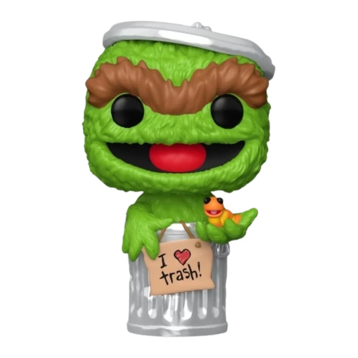 En esta imagen podemos ver el Funko Oscar the Grouch, en esta pieza destaca que el personaje se encuentra dentro de un cubo de basura.