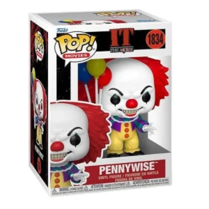 En esta imagen podemos ver el Funko Pennywise 1834 IT The Movie. Es una figura de terror y vemos a un payaso con 3 globos de colores en la mano.